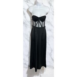 Shein Black Strapless Jumpsuit Sz XS Wide Leg Pant Corset Mesh Top One Piece